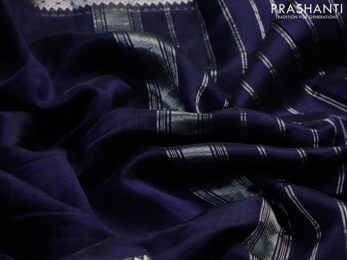 Mangalgiri silk cotton saree dark blue and black with plain body and long silver zari woven border