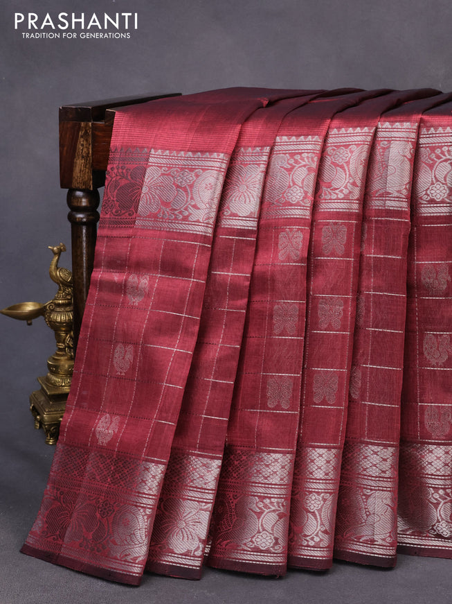 Mangalgiri silk cotton saree maroon shade with plain body and long silver zari woven border