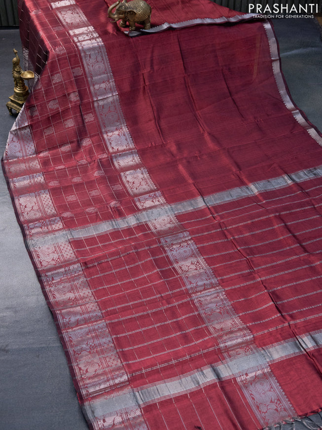 Mangalgiri silk cotton saree maroon shade with plain body and long silver zari woven border