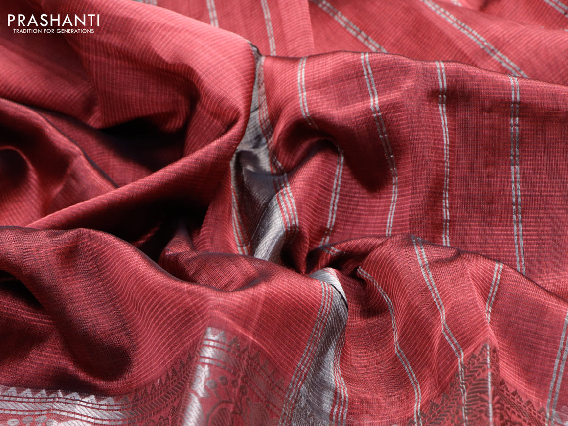 Mangalgiri silk cotton saree maroon shade with plain body and long silver zari woven border