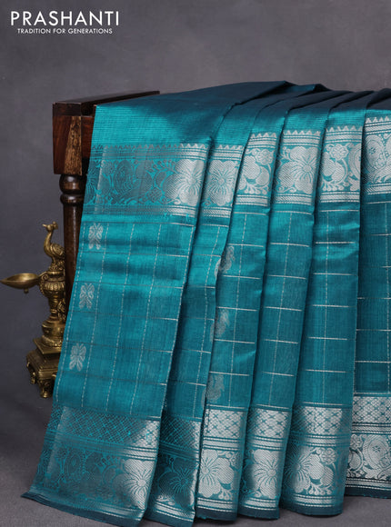 Mangalgiri silk cotton saree peacock blue with plain body and long silver zari woven border