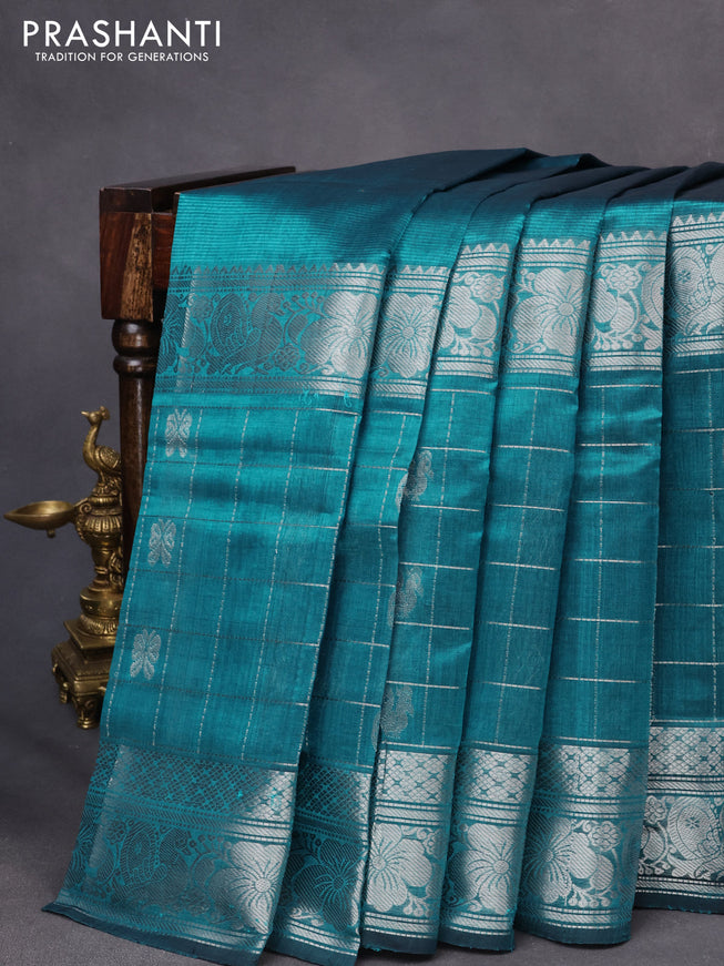 Mangalgiri silk cotton saree peacock blue with plain body and long silver zari woven border