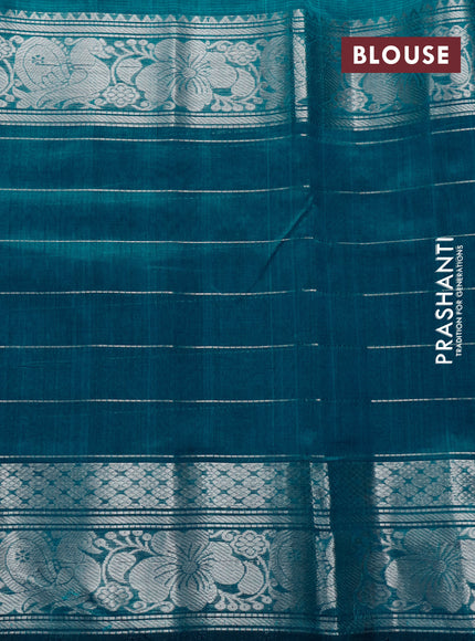 Mangalgiri silk cotton saree peacock blue with plain body and long silver zari woven border