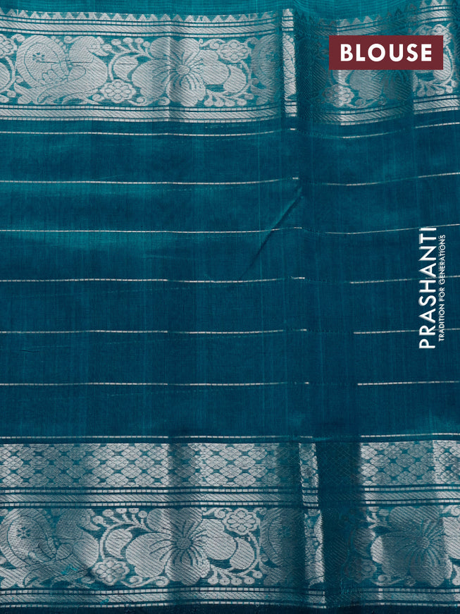 Mangalgiri silk cotton saree peacock blue with plain body and long silver zari woven border