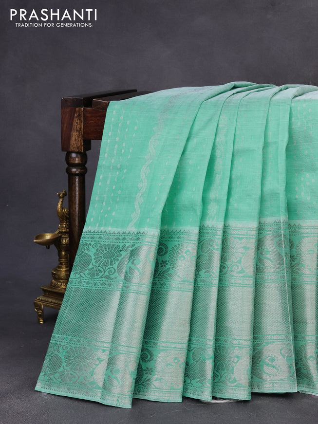 Mangalgiri silk cotton saree teal green with allover silver zari weaves and long silver zari woven border