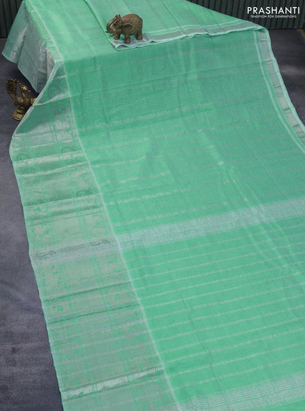 Mangalgiri silk cotton saree teal green with allover silver zari weaves and long silver zari woven border