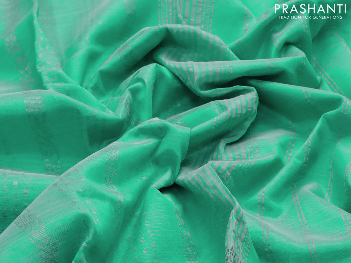 Mangalgiri silk cotton saree teal green with allover silver zari weaves and long silver zari woven border