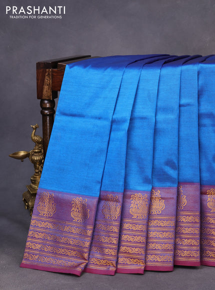 Mangalgiri silk cotton saree cs blue and maroon with plain body and zari woven border