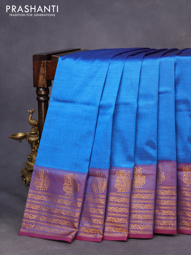 Mangalgiri silk cotton saree cs blue and maroon with plain body and zari woven border