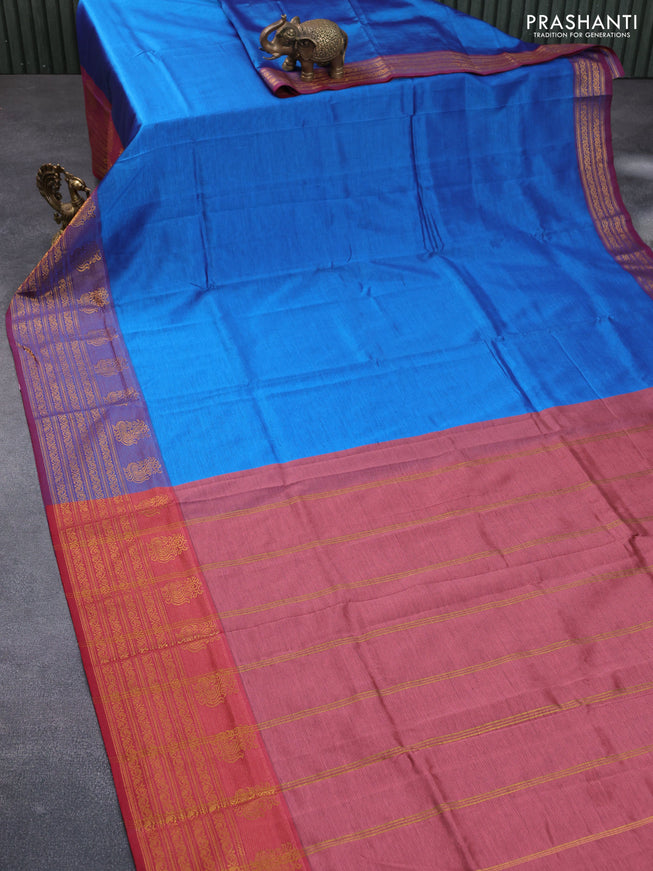 Mangalgiri silk cotton saree cs blue and maroon with plain body and zari woven border