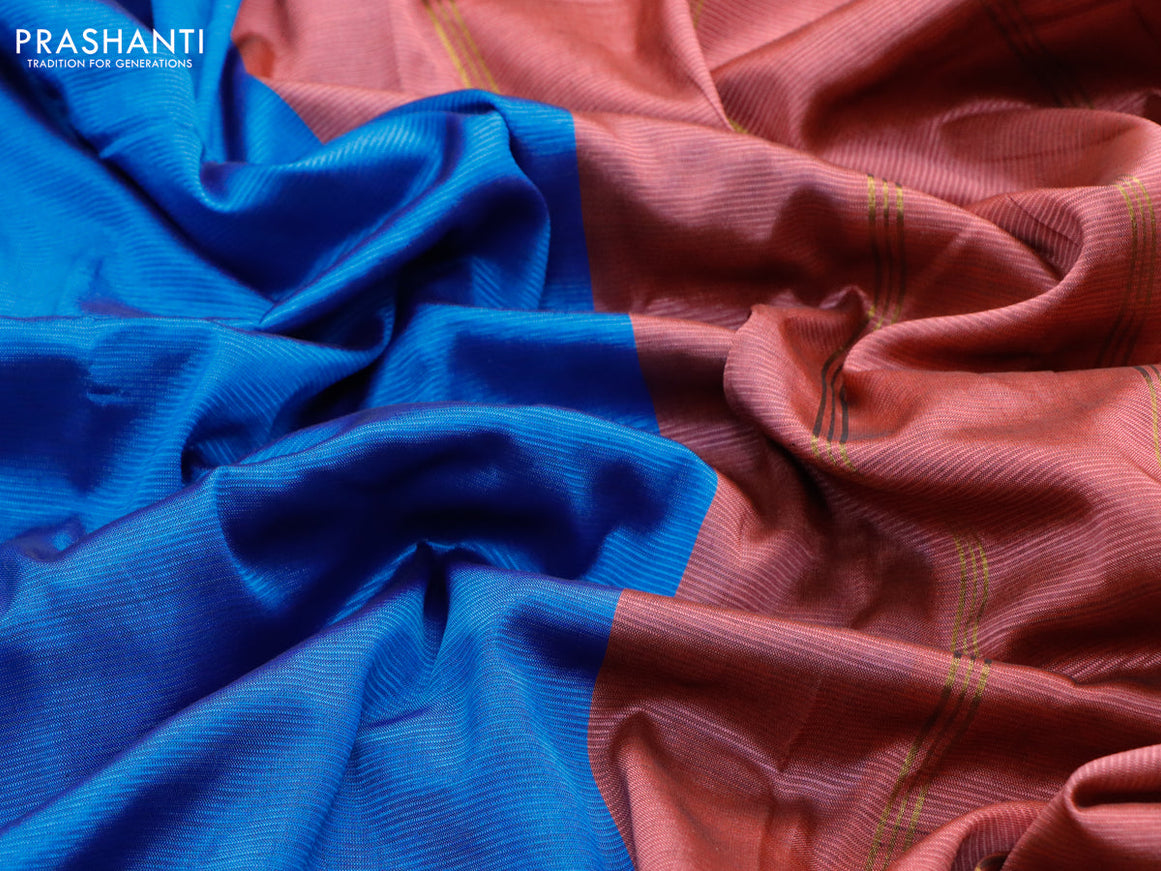 Mangalgiri silk cotton saree cs blue and maroon with plain body and zari woven border