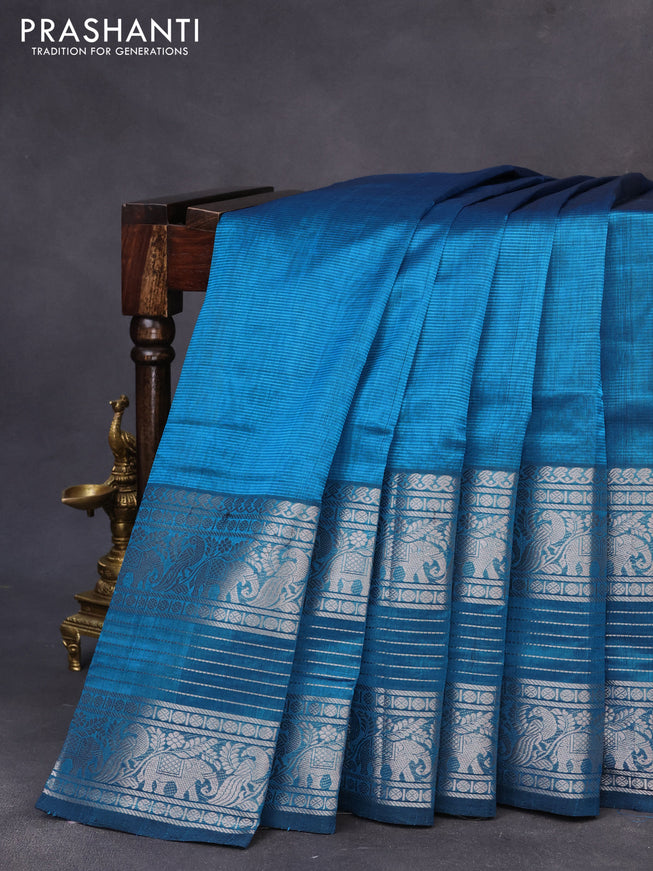 Mangalgiri silk cotton saree cs blue with plain body and long silver zari woven border