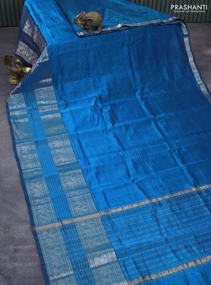 Mangalgiri silk cotton saree cs blue with plain body and long silver zari woven border