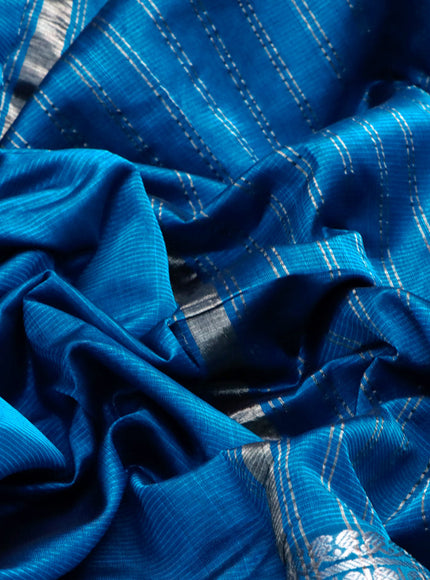 Mangalgiri silk cotton saree cs blue with plain body and long silver zari woven border