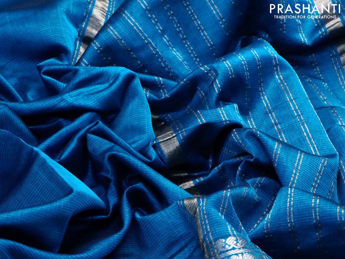 Mangalgiri silk cotton saree cs blue with plain body and long silver zari woven border