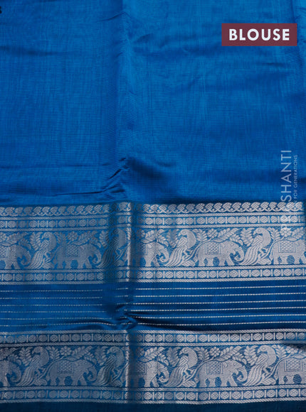 Mangalgiri silk cotton saree cs blue with plain body and long silver zari woven border