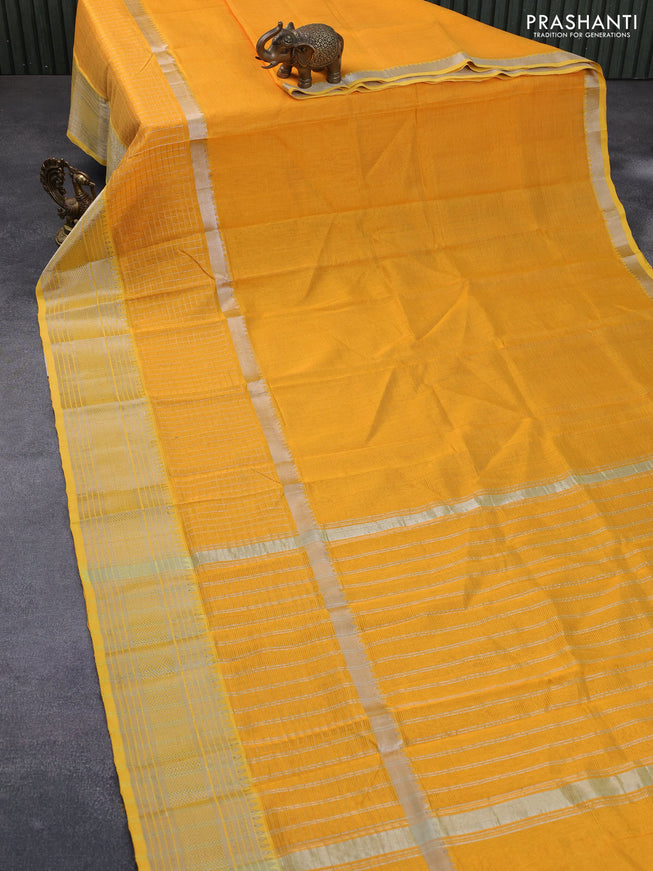 Mangalgiri silk cotton saree mango yellow with plain body and silver zari woven border