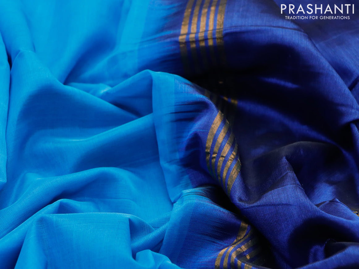 Mangalgiri silk cotton saree cs blue and blue with plain body and zari woven border