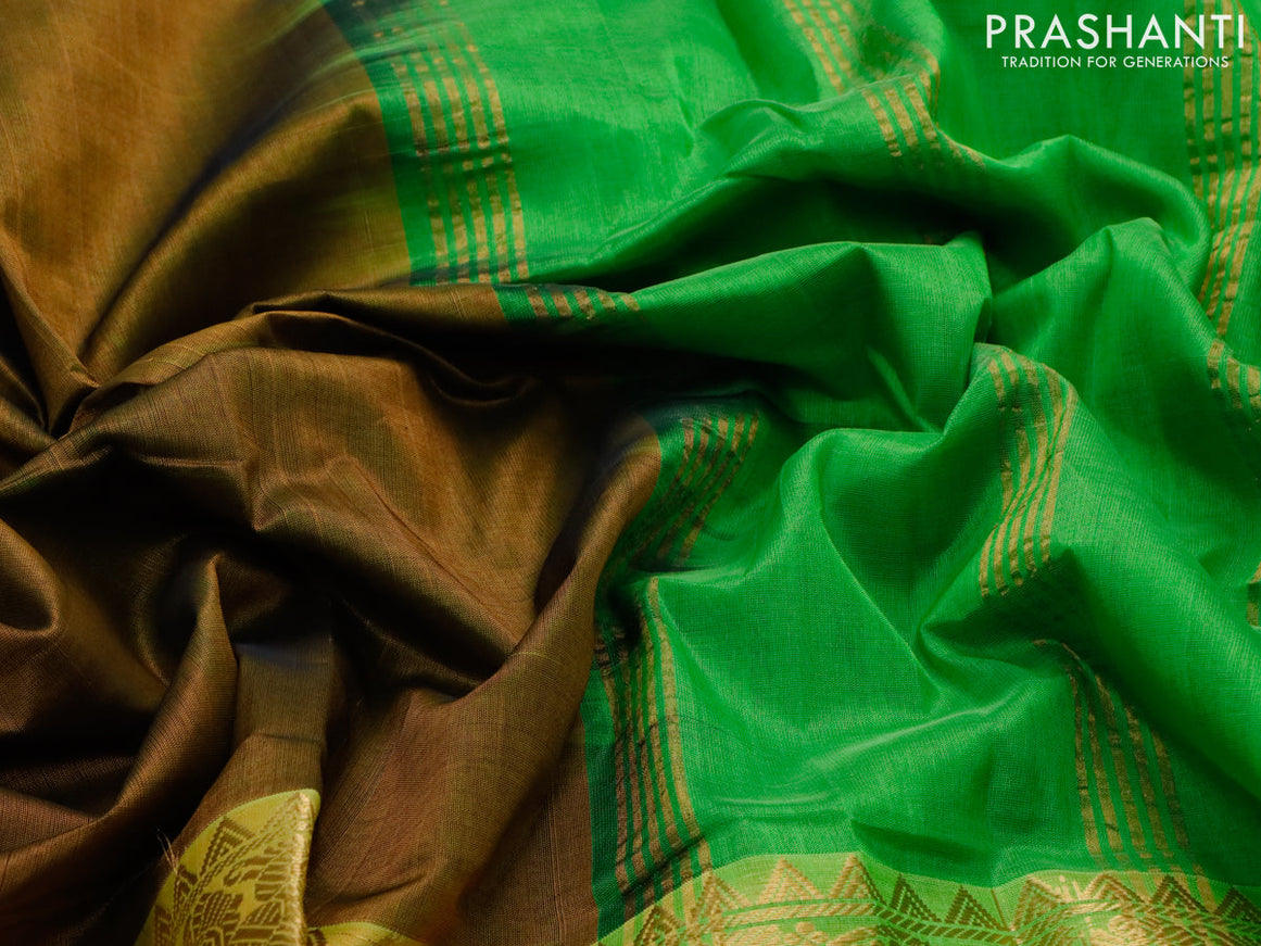 Mangalgiri silk cotton saree honey shade and light green with plain body and zari woven border