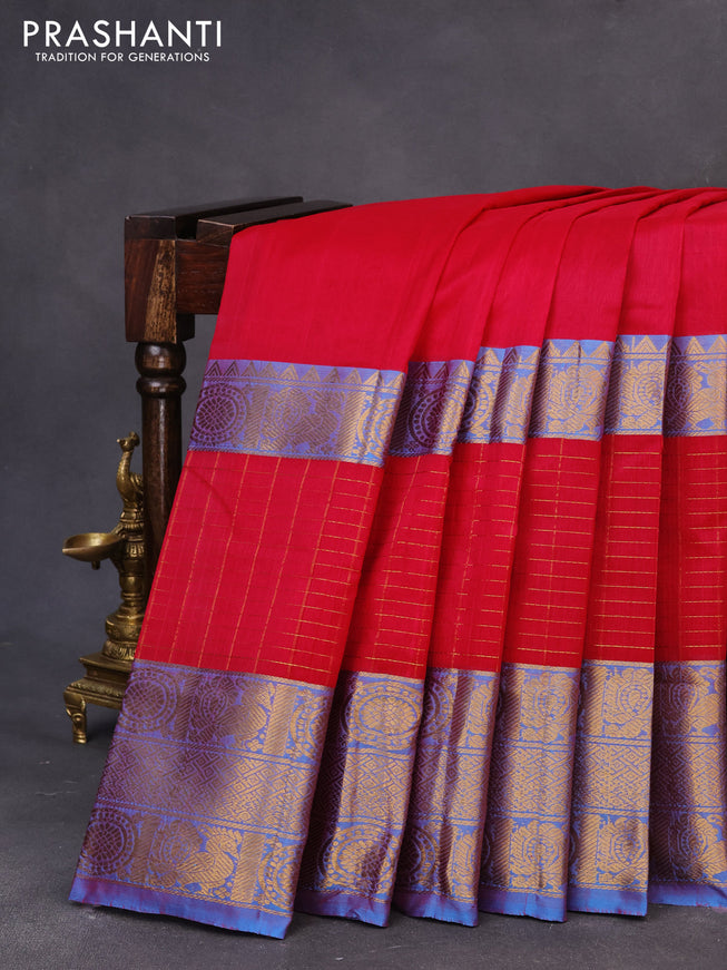 Mangalgiri silk cotton saree pink and cs blue with plain body and long zari woven border