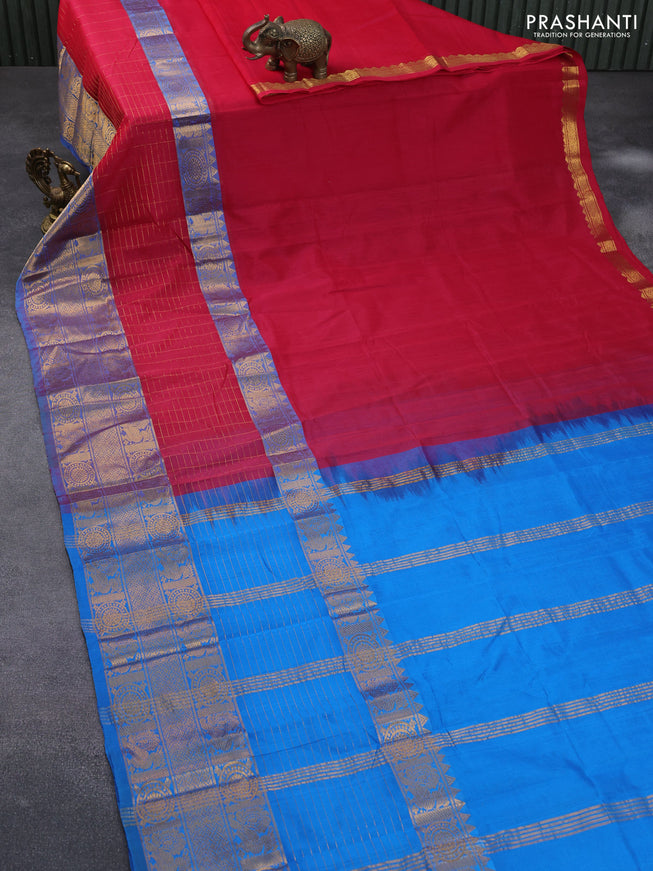 Mangalgiri silk cotton saree pink and cs blue with plain body and long zari woven border