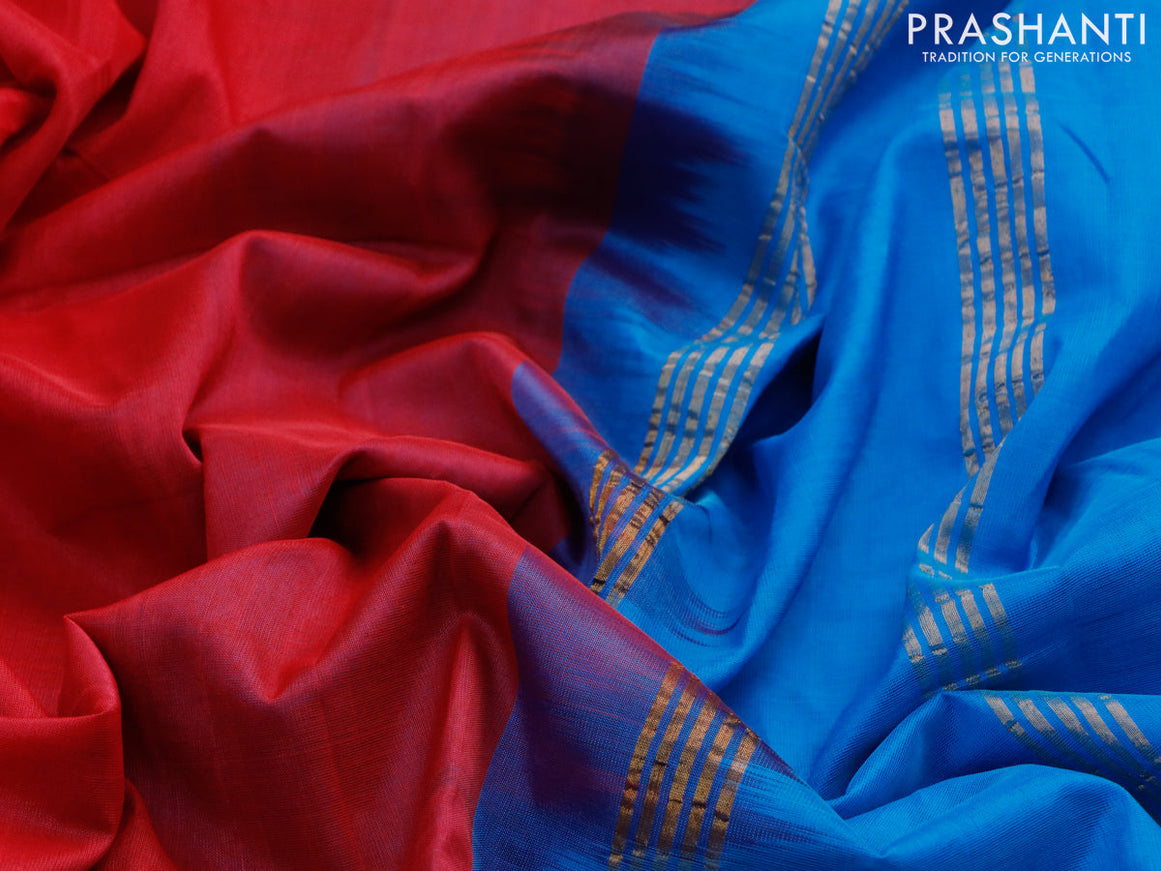 Mangalgiri silk cotton saree pink and cs blue with plain body and long zari woven border