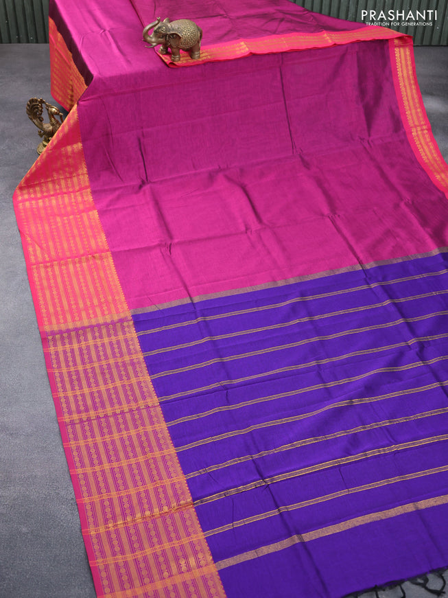 Mangalgiri silk cotton saree magenta pink and blue with plain body and long zari woven border