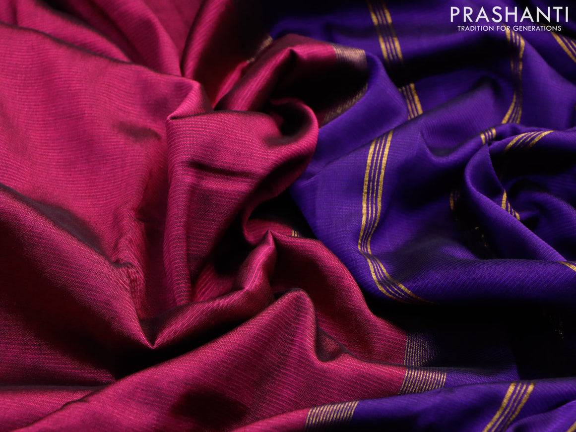 Mangalgiri silk cotton saree magenta pink and blue with plain body and long zari woven border