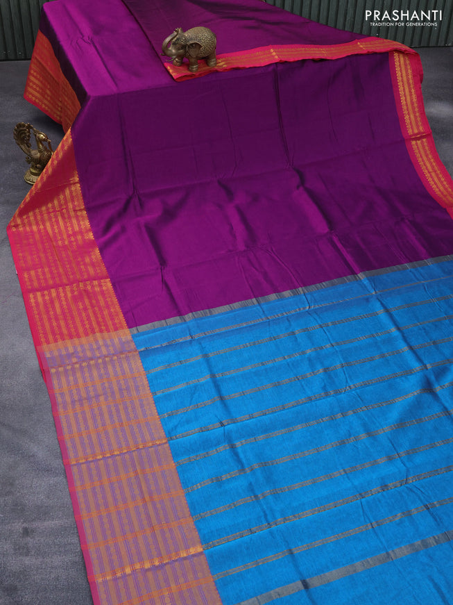 Mangalgiri silk cotton saree purple and pink with plain body and long zari woven border