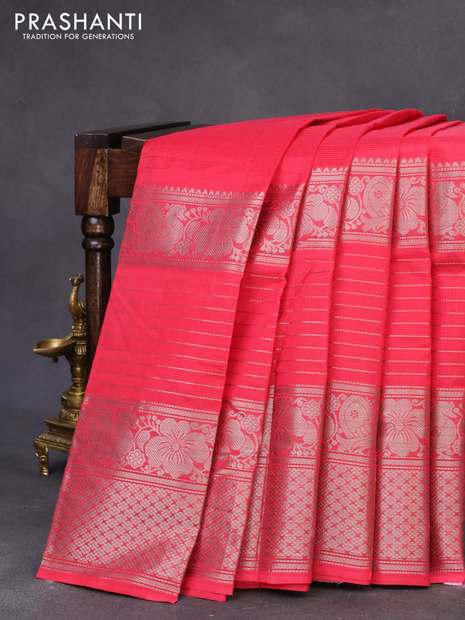 Mangalgiri silk cotton saree reddish pink with plain body and long silver zari woven border