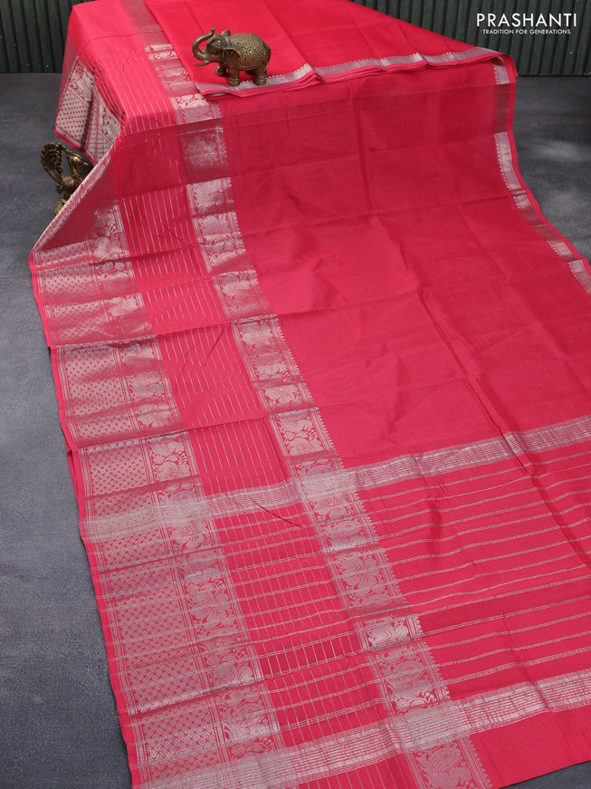 Mangalgiri silk cotton saree reddish pink with plain body and long silver zari woven border