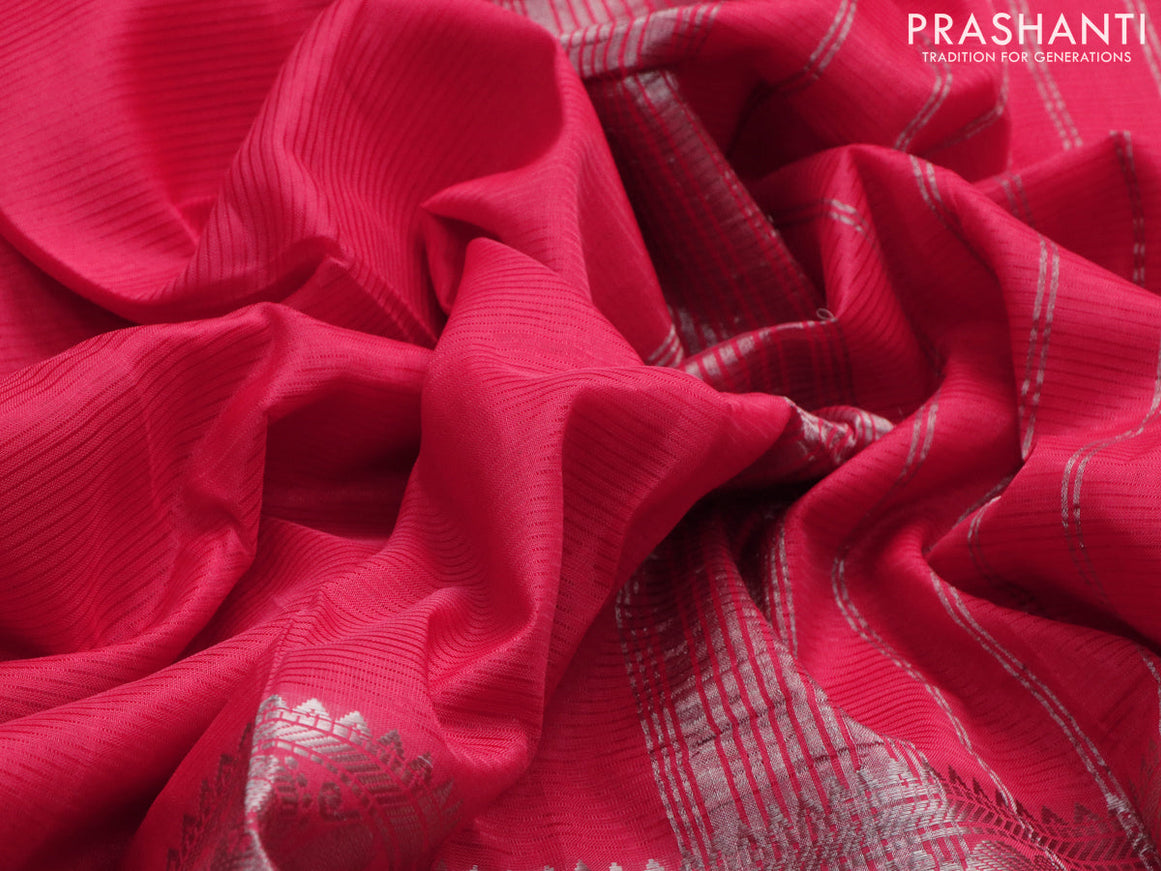 Mangalgiri silk cotton saree reddish pink with plain body and long silver zari woven border