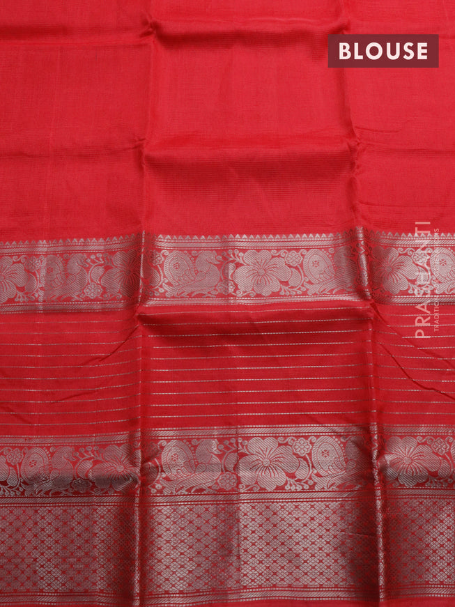 Mangalgiri silk cotton saree reddish pink with plain body and long silver zari woven border