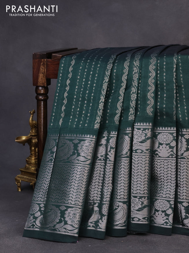 Mangalgiri silk cotton saree dark peacock green with allover silver zari weaves and long silver zari woven border