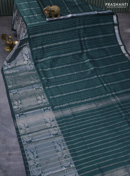 Mangalgiri silk cotton saree dark peacock green with allover silver zari weaves and long silver zari woven border