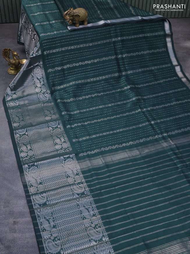 Mangalgiri silk cotton saree dark peacock green with allover silver zari weaves and long silver zari woven border