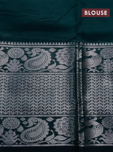 Mangalgiri silk cotton saree dark peacock green with allover silver zari weaves and long silver zari woven border