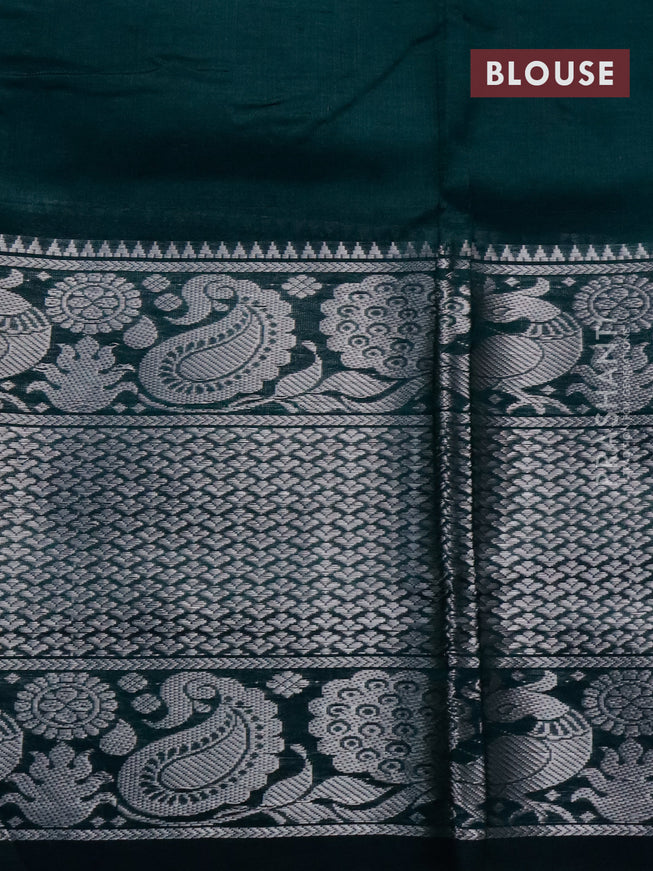 Mangalgiri silk cotton saree dark peacock green with allover silver zari weaves and long silver zari woven border