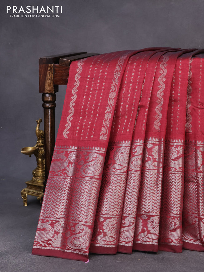 Mangalgiri silk cotton saree maroon with allover silver zari weaves and long silver zari woven border