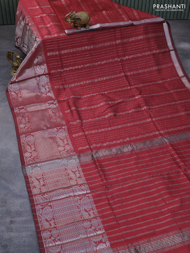 Mangalgiri silk cotton saree maroon with allover silver zari weaves and long silver zari woven border