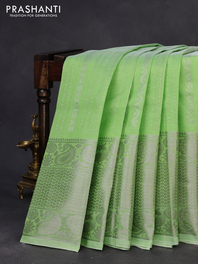 Mangalgiri silk cotton saree light green shade with allover silver zari weaves and long silver zari woven border