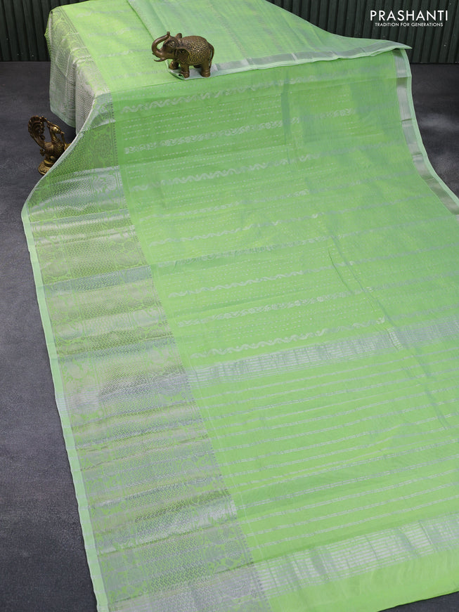 Mangalgiri silk cotton saree light green shade with allover silver zari weaves and long silver zari woven border