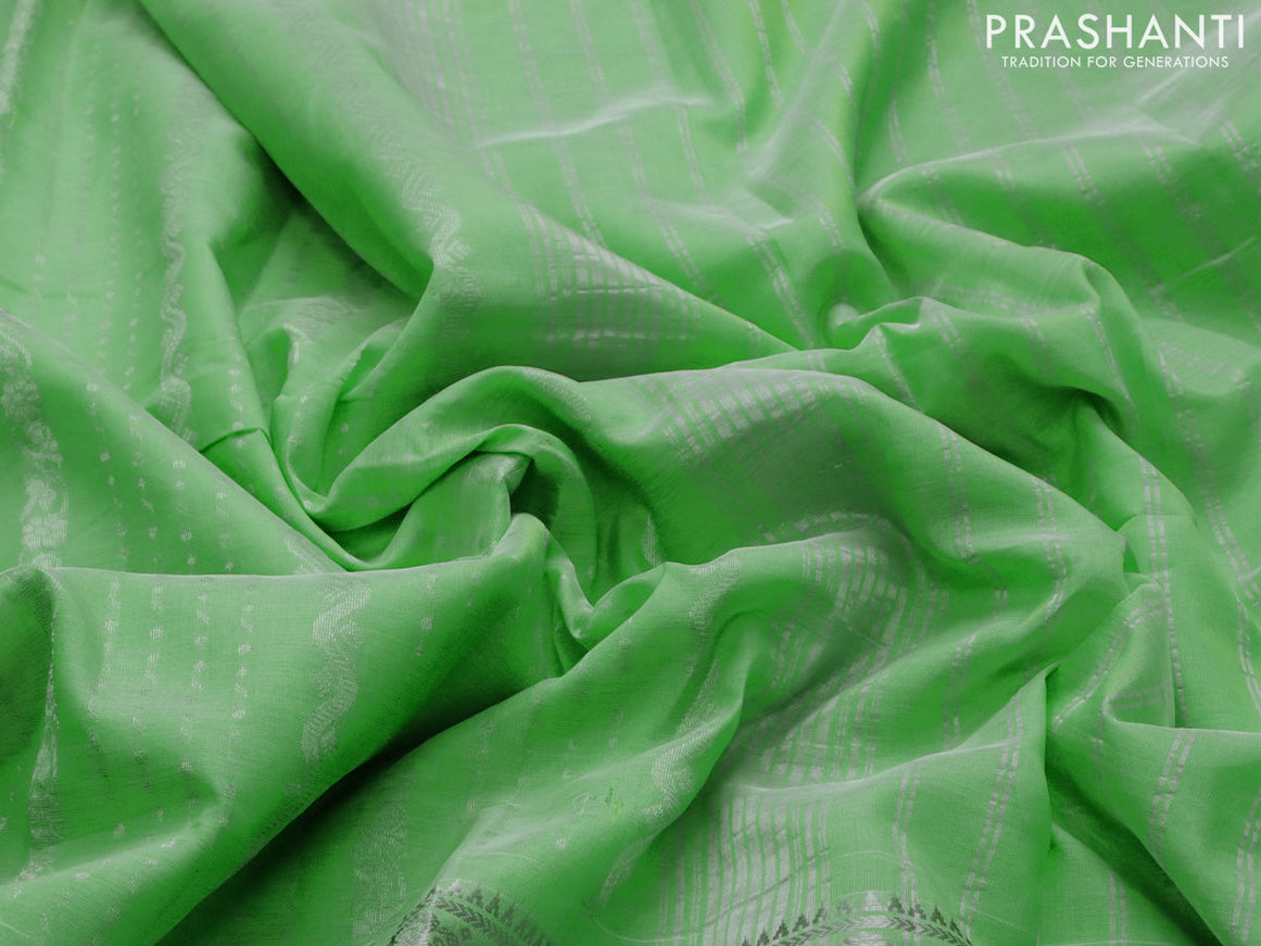 Mangalgiri silk cotton saree light green shade with allover silver zari weaves and long silver zari woven border