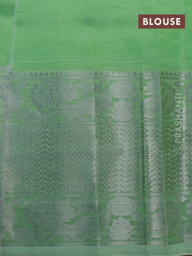 Mangalgiri silk cotton saree light green shade with allover silver zari weaves and long silver zari woven border