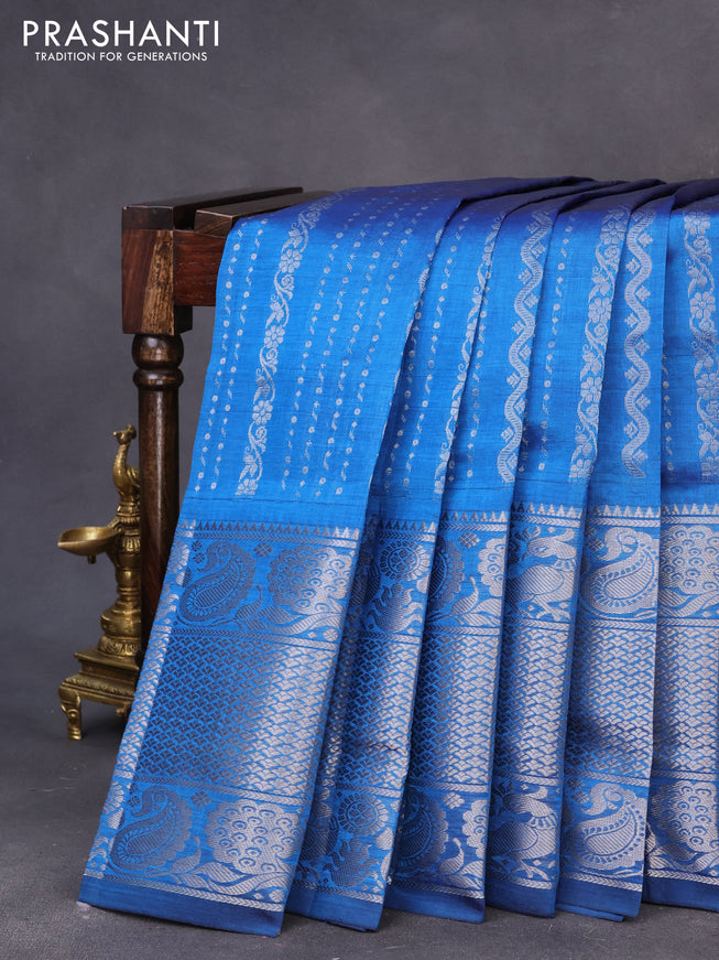 Mangalgiri silk cotton saree cs blue with allover silver zari weaves and long silver zari woven border