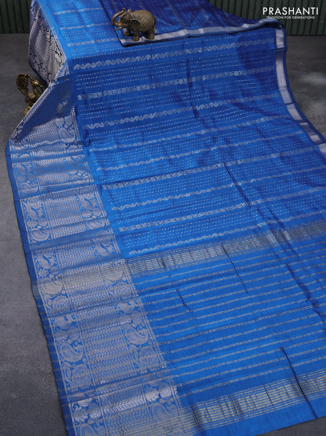 Mangalgiri silk cotton saree cs blue with allover silver zari weaves and long silver zari woven border