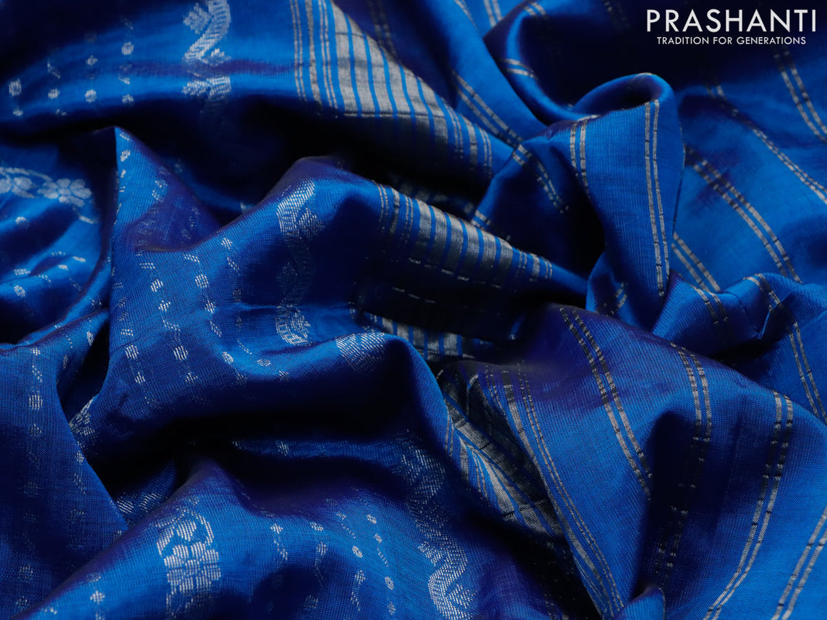 Mangalgiri silk cotton saree cs blue with allover silver zari weaves and long silver zari woven border