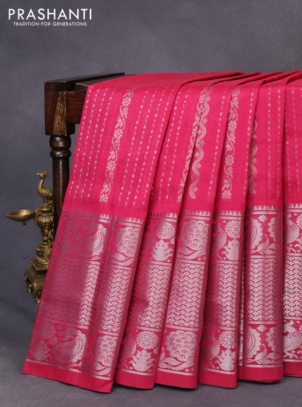 Mangalgiri silk cotton saree dark pink with allover silver zari weaves and long silver zari woven border