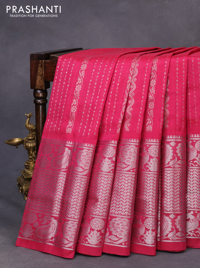 Mangalgiri silk cotton saree dark pink with allover silver zari weaves and long silver zari woven border