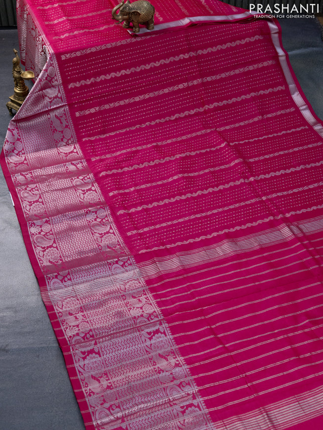 Mangalgiri silk cotton saree dark pink with allover silver zari weaves and long silver zari woven border